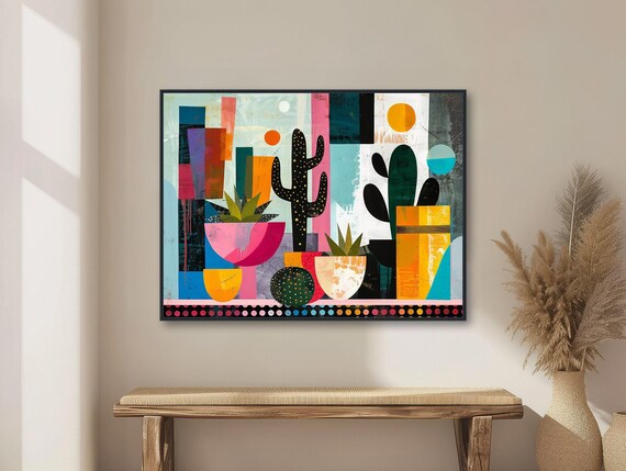 Mid-Century Cactus Art - Modern Western Still Life - Retro Desert Abstract Painting - Framed Canvas or Giclée Print - "RETRO FIESTA"