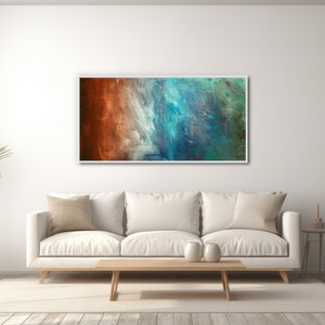 Large Abstract Canvas Wall Art Framed Canvas Print Modern Abstract Painting Panoramic Artwork Teal, Green, Rust REFLECTION image 3