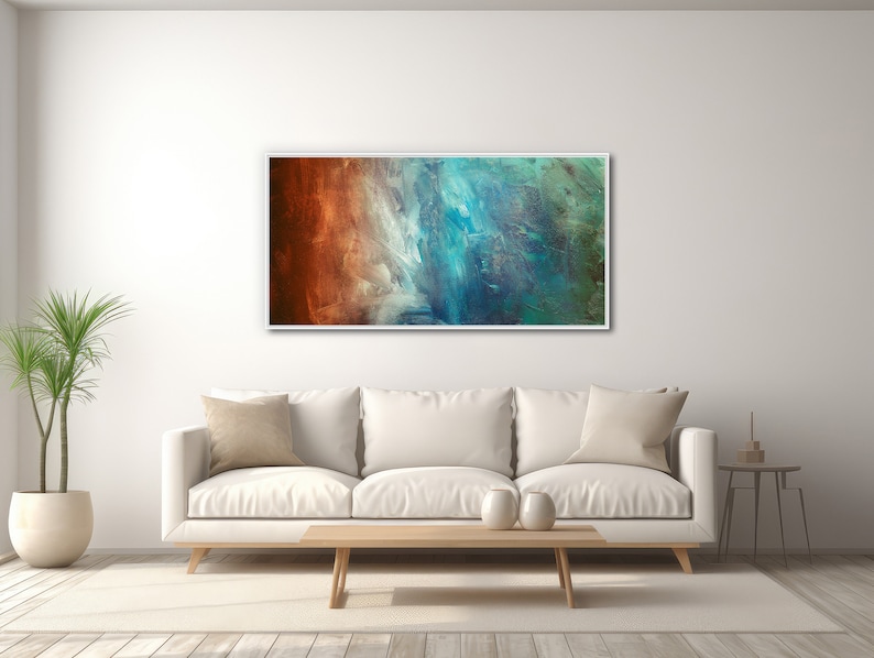 Large Abstract Canvas Wall Art Framed Canvas Print Modern Abstract Painting Panoramic Artwork Teal, Green, Rust REFLECTION image 3