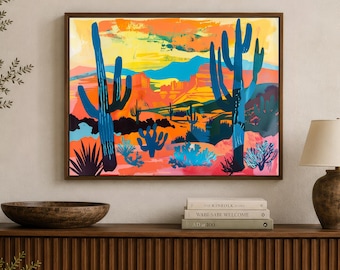 Western Desert Print - Cactus Landscape - Retro Southwestern Decor - Midcentury Art - Framed Canvas or Giclée Print - "NAVAJO PASS"