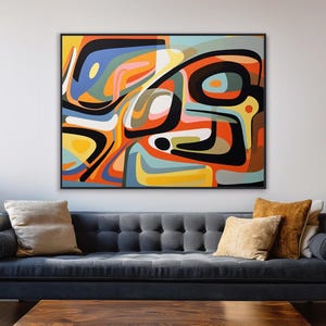 Mid-Century Modern Art - Retro Geometric Wall Art - Framed Canvas Print - Modern Abstract Painting - Bold Bright Colors  - "VINTAGE FUSION"