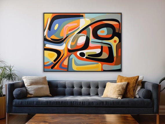 Mid-century Modern Art - Retro Geometric Wall Art - Framed Canvas