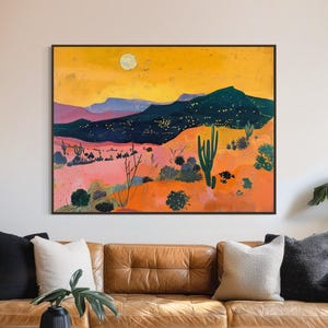 Western Desert Painting - Southwest Landscape Art - Vintage Cactus Decor - Midcentury Art - Framed Canvas or Giclée Print - "SUNSET MESA"