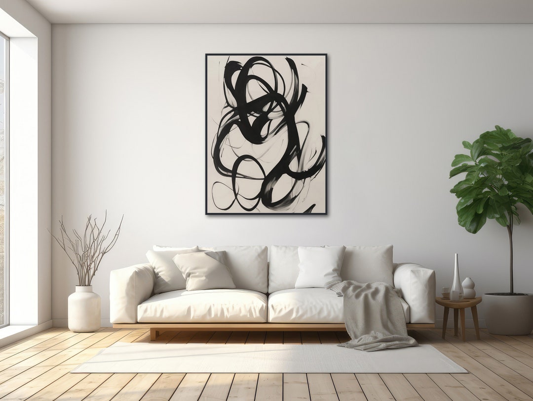 Black and Offwhite Abstract Wall Art Framed Canvas Print Large Modern