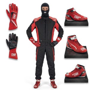 May include: A black and red racing suit with matching gloves and shoes. The suit has red accents and the gloves and shoes have the "OMP" logo. A black balaclava is also included in the racing gear set.