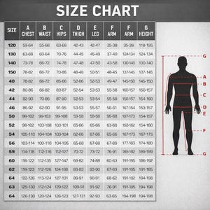 May include: Size chart with measurements for chest, waist, hips, thigh, leg, arm, and height. Includes a diagram of a person with labeled measurement points. Measurements are in inches.