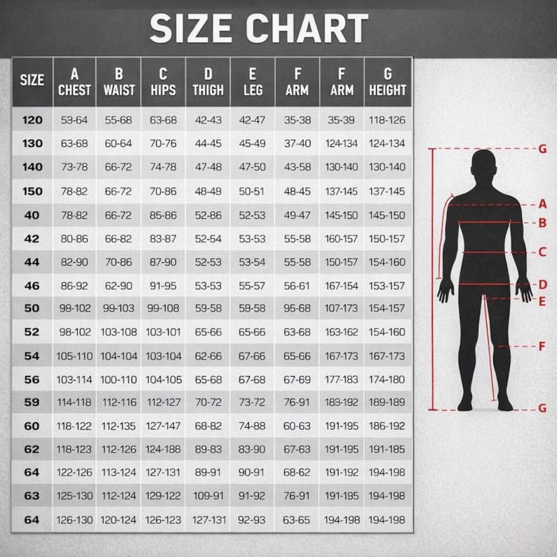 May include: Size chart with measurements for chest, waist, hips, thigh, leg, arm, and height. Includes a diagram of a person with labeled measurement points. Measurements are in inches.