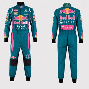 May include: Teal racing suit with pink and white accents, featuring Red Bull and Infiniti logos. The front and back of the suit are visible, showcasing sponsor patches and a black collar and cuffs. The suit has a zipper closure and a belt.