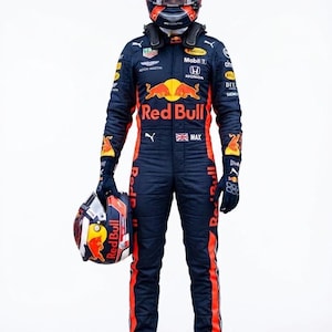 May include: A person in a navy blue Red Bull racing suit and helmet, holding a matching helmet. The suit has orange accents and sponsor logos. The helmet features the Red Bull logo and Aston Martin branding. The word "MAX" is visible on the suit.