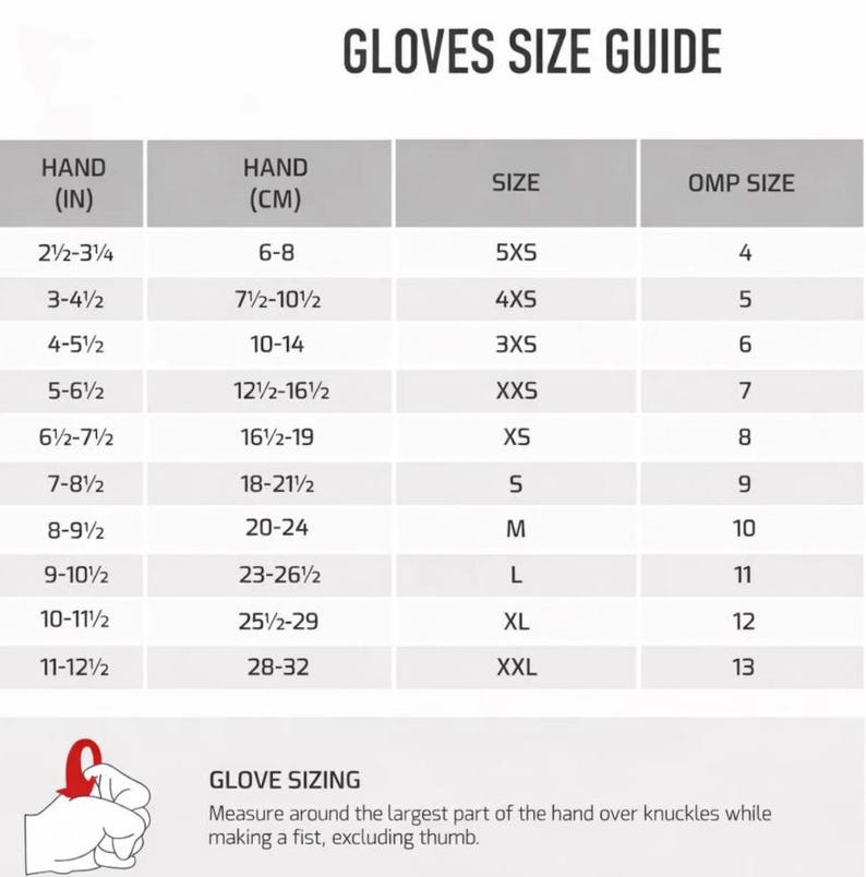May include: A glove size guide with measurements in inches and centimeters. The chart includes hand sizes from 2 1/2 to 12 1/2 inches (6 to 32 cm), corresponding to sizes 5XS to XXL. Instructions for measuring hand size are also provided.