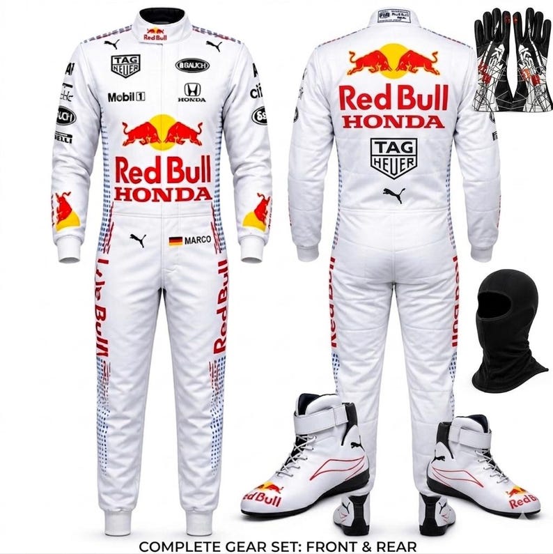 May include: Complete Red Bull racing gear set. The white racing suit features the Red Bull and Honda logos, along with sponsor branding. Includes gloves, a balaclava, and white racing boots with red accents. The front and back of the suit are displayed.
