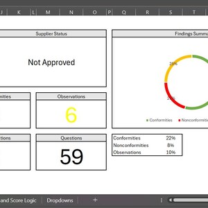 Puede incluir: Una captura de pantalla de una hoja de cálculo con visualización de datos. La parte superior izquierda muestra una puntuación del proveedor del 20% con una barra de progreso verde. Otras secciones muestran "No aprobado", números y un gráfico circular.