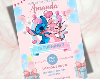 Stitch and Angel Birthday Invitation, Editable Stitch Birthday Invitation Template, Stitch Digital Birthday Invitation, Kids Invitation