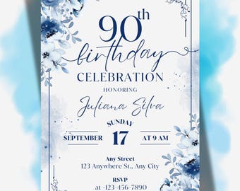 90th Birthday Invitation, Grandma 90th Card, 90th Evite, Editable Canva Template (Digital Download)