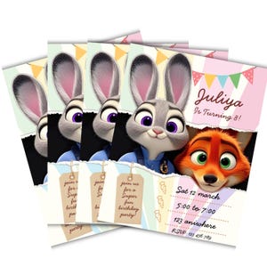 Pu&ograve; includere: Un mucchio di inviti per feste di compleanno con Judy Hopps e Nick Wilde di Zootropolis. Gli inviti hanno uno sfondo rosa e bianco con il testo "Juliya compie 8 anni!" e i dettagli della festa. Gli inviti misurano circa 13 x 18 cm.