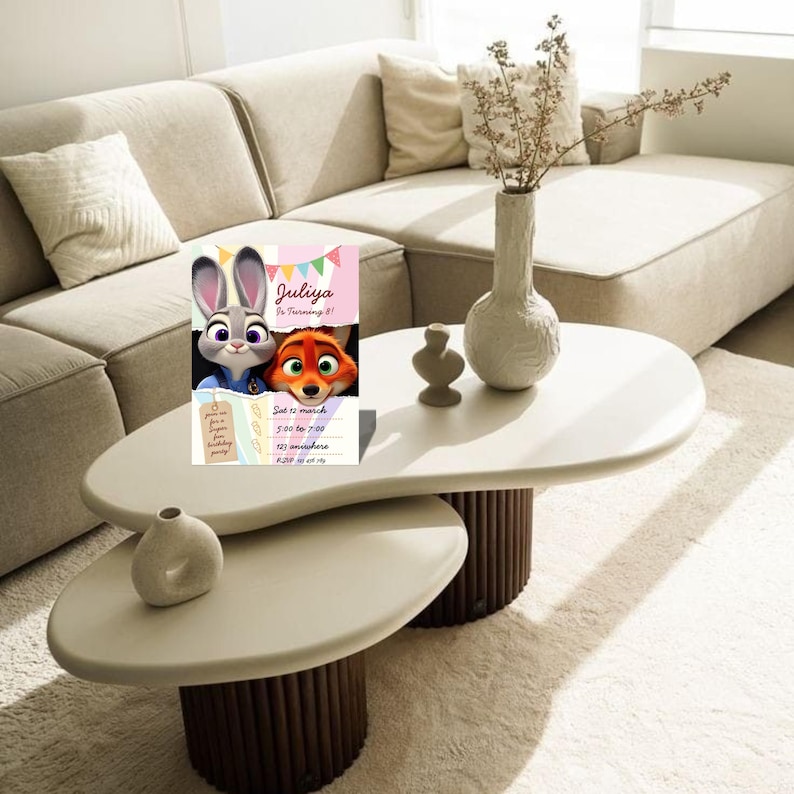 Pu&ograve; includere: Un invito per una festa di compleanno con Judy Hopps e Nick Wilde di Zootropolis. L'invito ha uno sfondo rosa e bianco con il nome "Juliya" e i dettagli della festa. L'invito &egrave; su un tavolo ovale bianco.