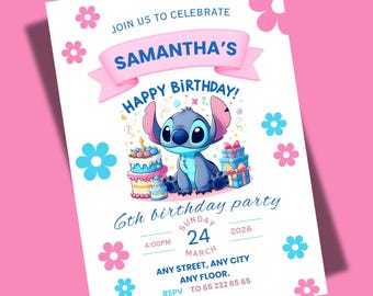 Modello di invito di compleanno Stitch modificabile, invito per festa Stitch, modello Canva, invito di compleanno digitale Stitch, compleanno Stitch per bambina