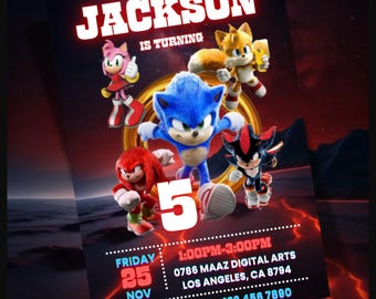 Editable Sonic the Hedgehog Birthday Invitation Template digital dwonload, Printable Kids Sonic Party Invite