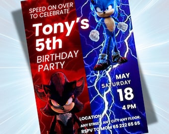 Sonic Birthday Invitation, Super Hedgehog Party, Shadow the Hedgehog, Editable Canva Template