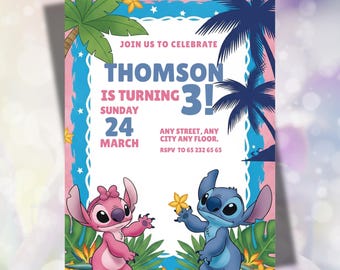 Editable Stitch Birthday Invitation Template, Stitch & Angel, Stitch Party Invite, Stitch Digital Birthday Invitation, Stitch Girl Birthday