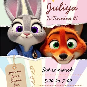 Pu&ograve; includere: Un colorato invito per una festa di compleanno con Judy Hopps e Nick Wilde di Zootropolis. L'invito include il nome "Juliya", l'et&agrave; "8", la data, l'ora e i dettagli del luogo, con un'etichetta che dice "unisciti a noi per una super divertente festa di compleanno!"