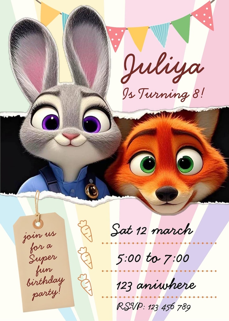 Pu&ograve; includere: Un colorato invito per una festa di compleanno con Judy Hopps e Nick Wilde di Zootropolis. L'invito include il nome "Juliya", l'et&agrave; "8", la data, l'ora e i dettagli del luogo, con un'etichetta che dice "unisciti a noi per una super divertente festa di compleanno!"