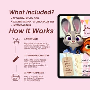 Pu&ograve; includere: Modello di invito digitale con Judy Hopps e Nick Wilde di Zootropolis. L'invito include opzioni di testo, colore e dimensione modificabili. L'immagine mostra anche le istruzioni su come acquistare, scaricare, modificare e stampare l'invito.