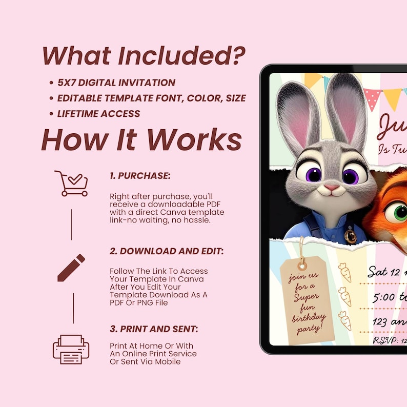 Pu&ograve; includere: Modello di invito digitale con Judy Hopps e Nick Wilde di Zootropolis. L'invito include opzioni di testo, colore e dimensione modificabili. L'immagine mostra anche le istruzioni su come acquistare, scaricare, modificare e stampare l'invito.