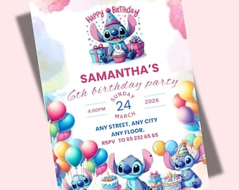 Editable Stitch Birthday Invitation Template, Stitch Party Invite, Canva Template, Stitch Digital Birthday Invitation, Stitch Girl Birthday