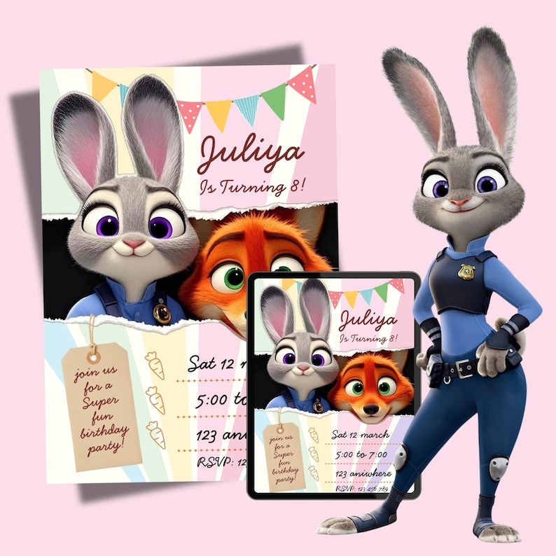 Pu&ograve; includere: Un invito per una festa di compleanno con Judy Hopps e Nick Wilde di Zootropolis. L'invito include il testo "Juliya compie 8 anni!" e i dettagli della festa. &Egrave; presente anche un'immagine a cartoni animati di Judy Hopps.