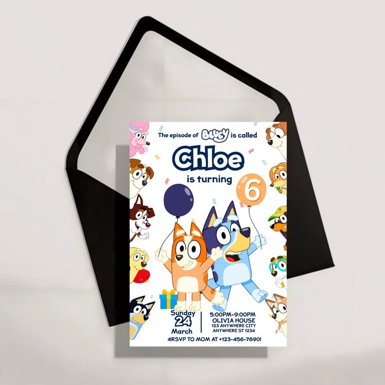 May include: A birthday invitation featuring Bluey and Bingo characters, with the text "Chloe is turning 6." The invitation is in a white envelope with a black interior. The invitation includes the date, time, and location of the party.