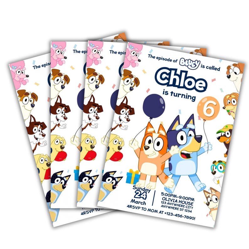May include: A stack of colorful birthday party invitations featuring cartoon dogs and the text "The episode of Bluey is called Chloe is turning 6". The invitations have a white background with various dog illustrations.