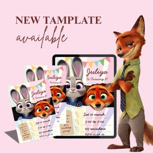 Pu&ograve; includere: Modello digitale di invito per una festa di compleanno con i personaggi di Zootropolis. L'invito recita "Juliya Is Turning 8!" e include i dettagli dell'evento. Il design incorpora banner colorati e immagini di cartoni animati.