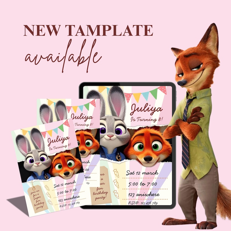Pu&ograve; includere: Modello digitale di invito per una festa di compleanno con i personaggi di Zootropolis. L'invito recita "Juliya Is Turning 8!" e include i dettagli dell'evento. Il design incorpora banner colorati e immagini di cartoni animati.