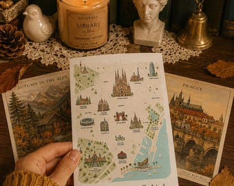 Barcelona, Spain, Printable Postcard Illustrated Landmark Travel Keepsake