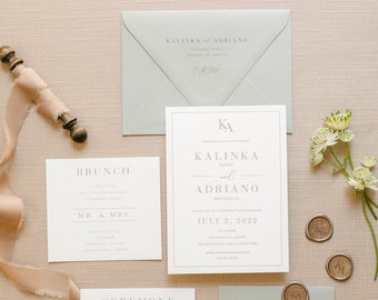 Letterpress Ultra Thick Minimalist Wedding Invitation in Cream and Sage Green