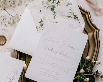 Champagne colored Gold Foil Pressed Floral Wedding Invitation on Soft Touch Ultra Thick Cardstock