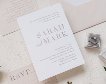 Letterpress Ultra Thick Minimalist Wedding Invitation in Cream and Taupe