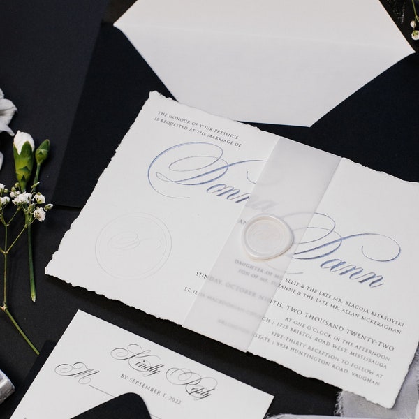 Black and Cream Wedding Invitation with Silver Foil Press and Deckled Rough Edges