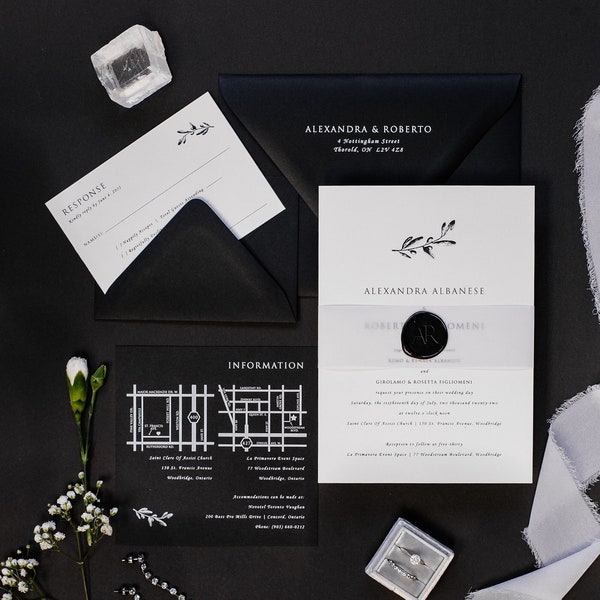 Schwarz weiß Ultra Modern Elegante Hochzeitseinladung mit Wachssiegel und Bauchband