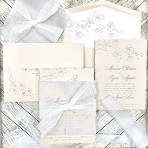 Almond / Taupe Deckled Edge Rustic Wedding Invitation with Vellum Jacket and Hand-Torn Linen Wrap
