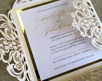 lasercut laser cut wedding invitation stella gold foil etsy