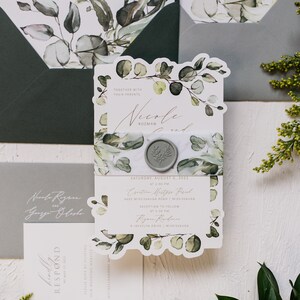 Green Nature Inspired Wedding Invitation with Shaped Edges and Wax Seal Belly Band image 4