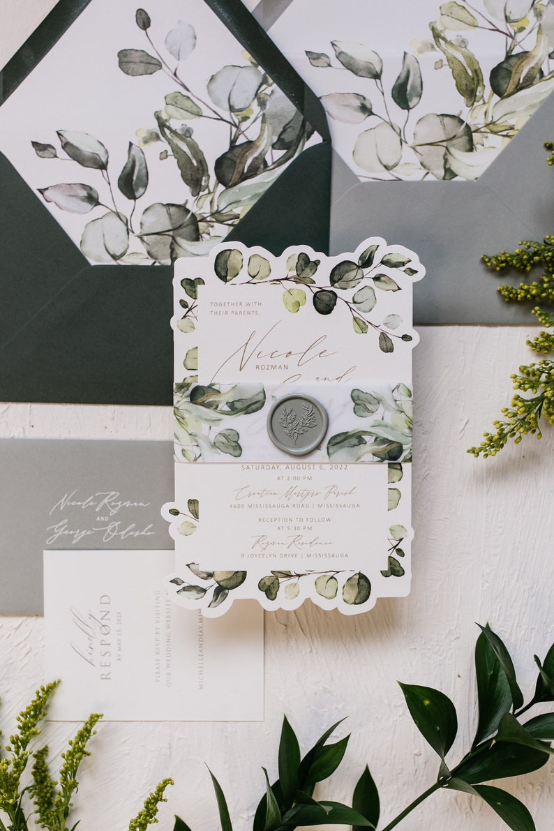 Green Nature Inspired Wedding Invitation with Shaped Edges and Wax Seal Belly Band image 4