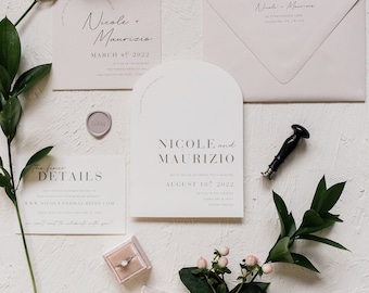 Arch Shaped Minimalist Neutral Wedding Invitation in Cream and Almond Shades