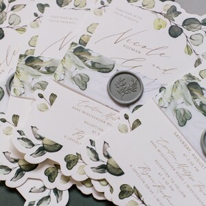 Green Nature Inspired Wedding Invitation with Shaped Edges and Wax Seal Belly Band image 2