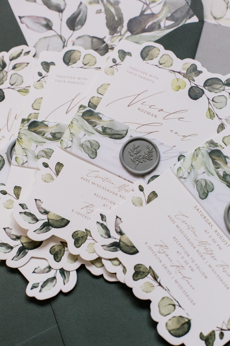 Green Nature Inspired Wedding Invitation with Shaped Edges and Wax Seal Belly Band image 2