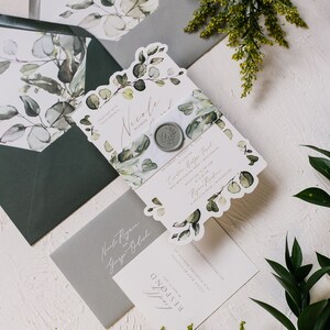 Green Nature Inspired Wedding Invitation with Shaped Edges and Wax Seal Belly Band image 3