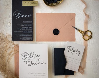 Terracotta, Taupe, Black and Gold Modern Calligraphy Wedding Invitation with Handmade Envelope