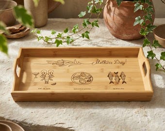 Mother's Day engraved bamboo serving tray | seafood and floral illustration
